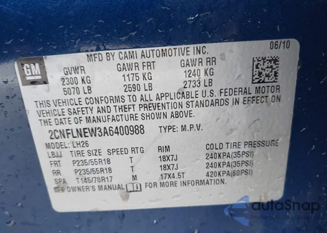 2010 Chevrolet Equinox Lt z USA, uszkodzony, nr VIN 2CNFLNEW3A6400988